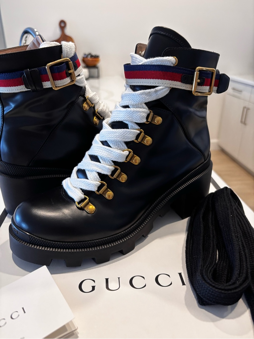 Gucci Black Leather Lace-Up Ankle Boots with Red-Blue Web Strap